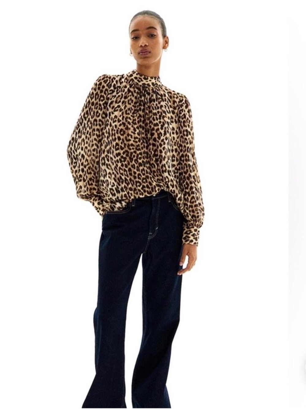 H&M Leopard Print Puff-Sleeve Blouse - Tan & Black